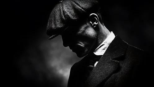 Smoke-drenched silhouette of a man in flat cap and shadows.