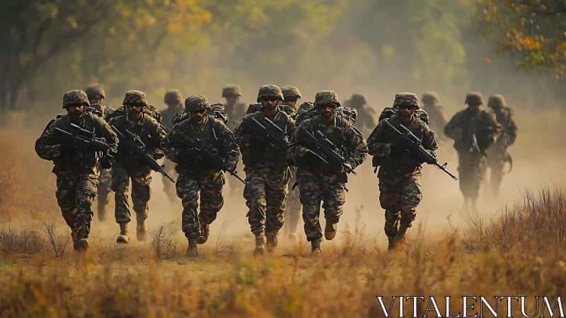 Photorealistic infantry column in dusty field maneuver formation.
