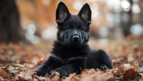 Black shepherd puppy resting in soft autumn leaves bokeh.