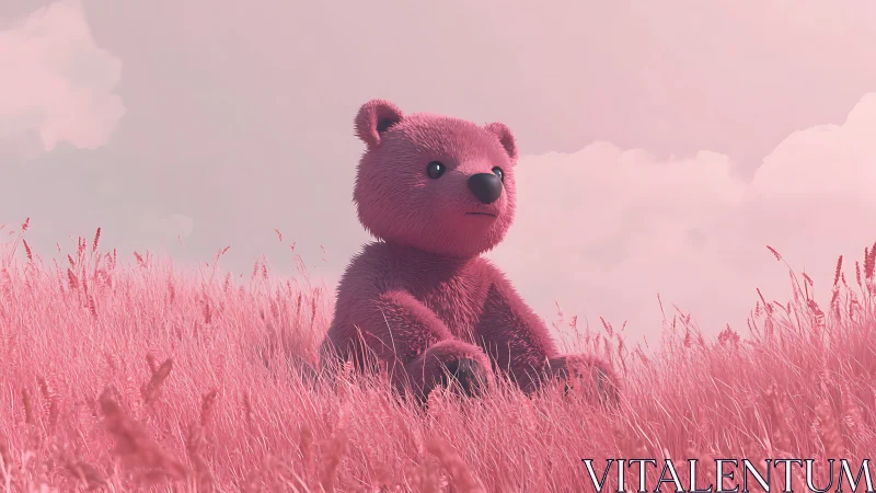 3D bear model sits in monochromatic pink grassy field