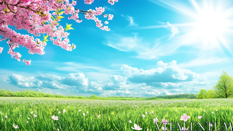 Blossoming tree over green meadow under clear daylight sky.