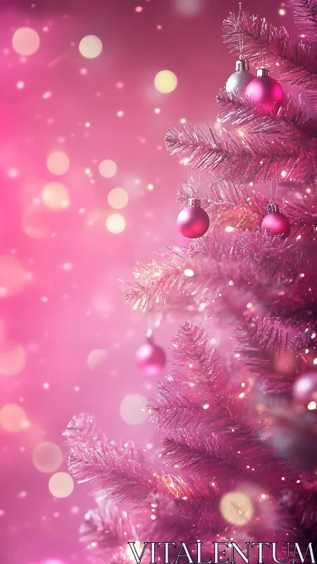 Pink artificial Christmas tree with baubles is shown