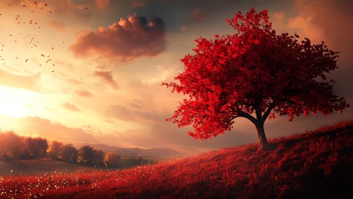 Scarlet tree on sunlit hillside under dramatic dusk sky.