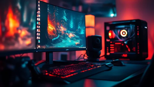 RGB gaming PC setup with ultra wide monitor and desk.