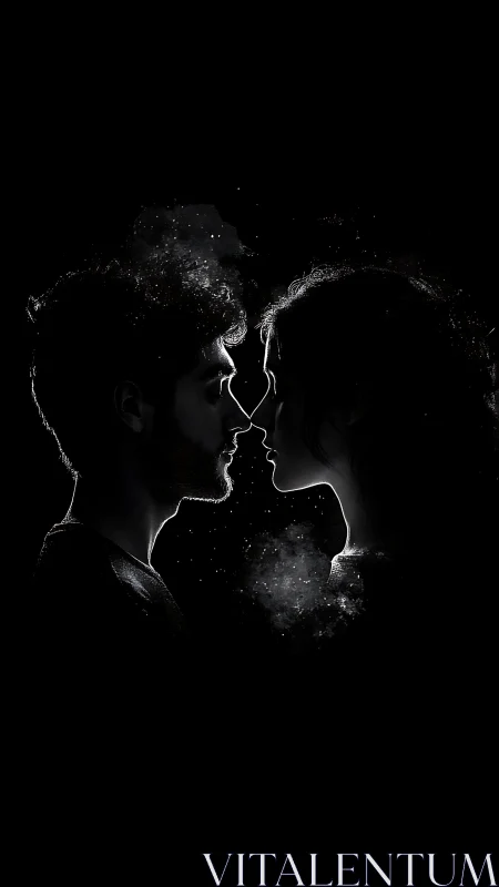 Silhouetted Couple Facing in Profile Kiss.