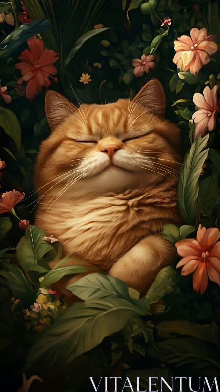 Orange Tabby Dreams in Bloom Among Crimson Petals