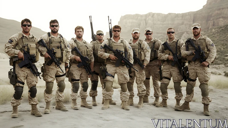 Dust-worn tactical squad lined in desert canyon hush.