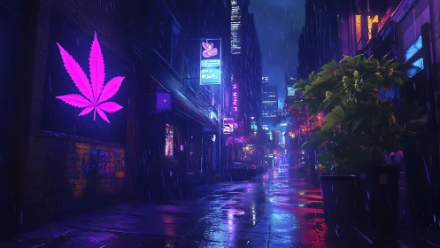 Neon rain serenades a glowing cannabis alleyway at night