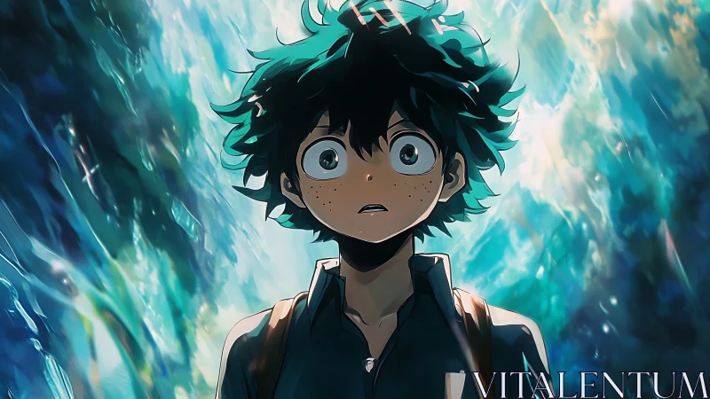 Wide-eyed anime hero meets a storm of teal light and wonder.