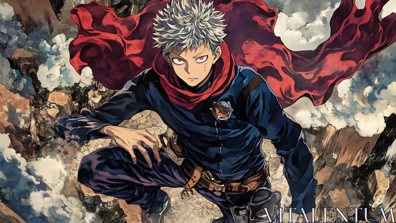 Storm-scarred canyon hero in crimson-scarf ascent.