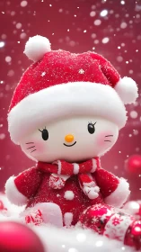 Cute snow-covered Christmas doll in red Santa outfit