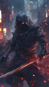 Hooded cybernetic swordsman with glowing blade in ember-lit alley
