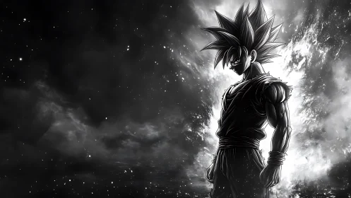 Saiyan warrior silhouette radiates monochrome cosmic power.