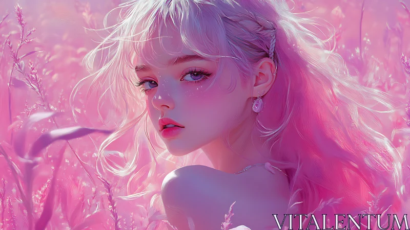 Pastel haired girl gazes back in glowing pink field