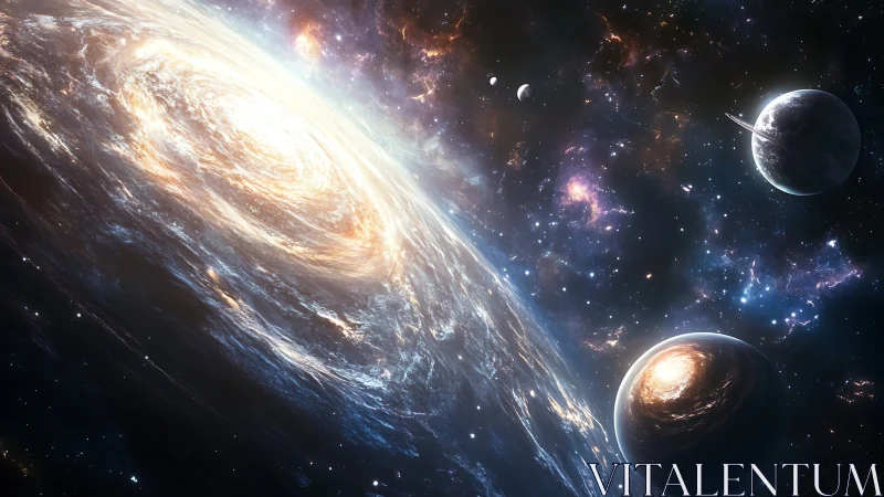 Spiraling galaxy ignites a vivid deep space planetary vista