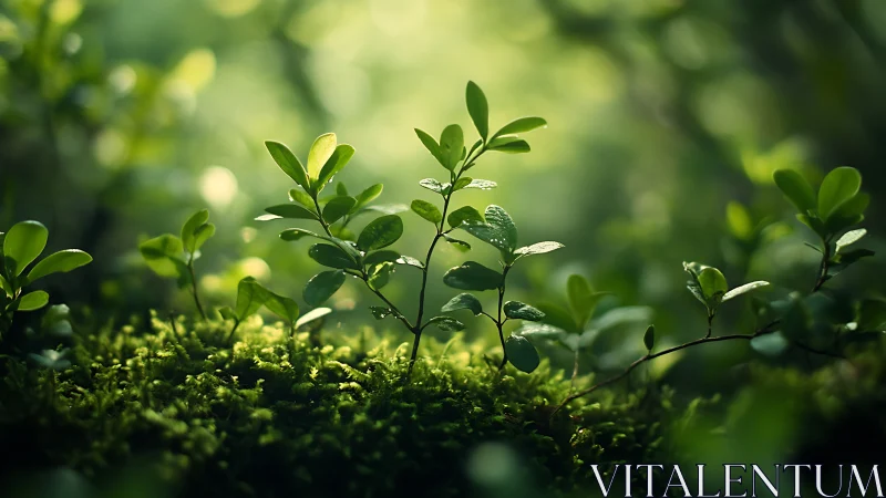 Lush forest floor with young green plants in soft natural light.