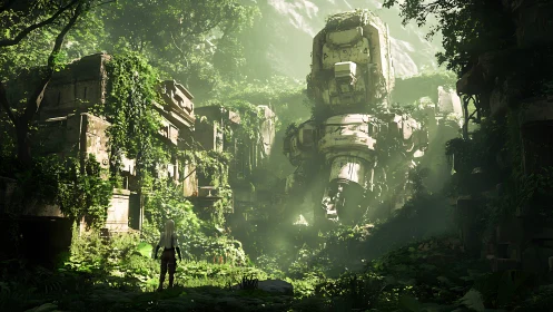 Lost jungle colossus dreaming beneath tangled green light.