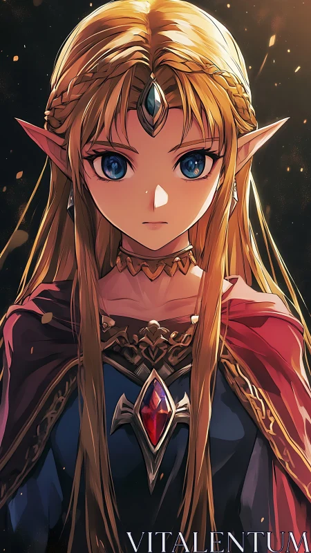 Elf princess with bright gemstone heart and steady gaze.
