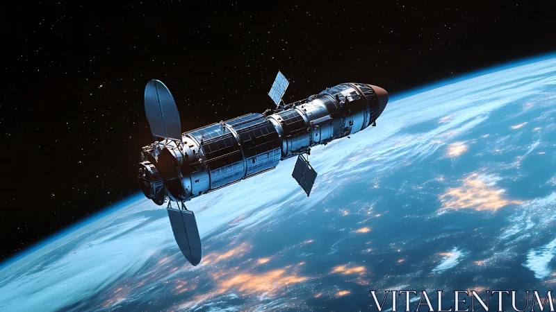 Satellite orbits Earth above illuminated clouds and ocean