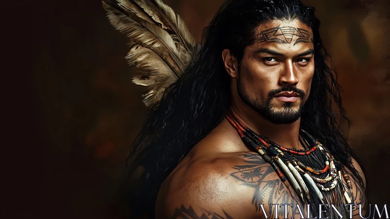 Warrior portrait with tribal tattoos and feathered headdress.