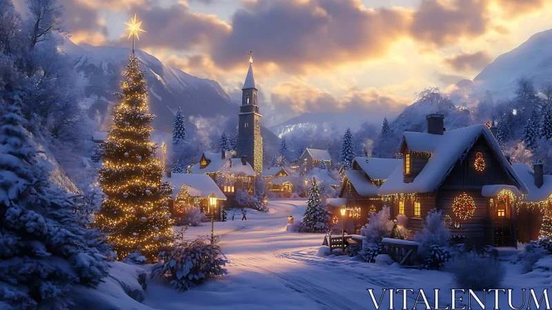 Snowlit Christmas village glows beneath storybook mountains.