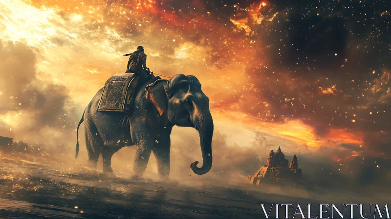 Starlit elephant and rider journey calmly toward distant temple