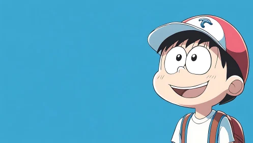 Sunlit boy with backpack gazing into a bright blue sky.