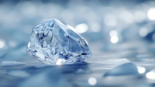 Photorealistic faceted ice crystal on cool bokeh plane.