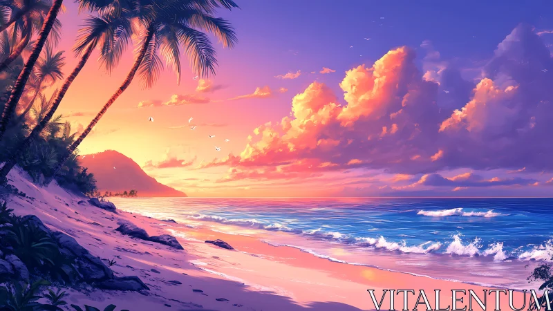 Tropical shoreline glows beneath a vivid pastel sunset sky.