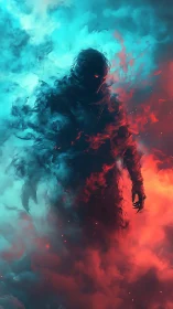 Central dark figure stands within opposing colored vapors