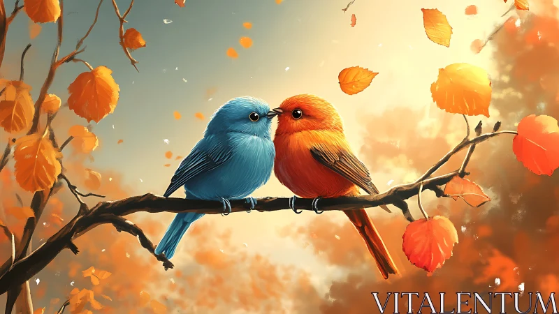 Two Colorful Birds on Autumn Branch in Soft Digital Painting Style.