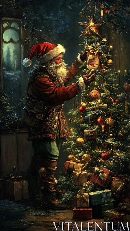 Santa decorates illuminated Christmas tree with gifts