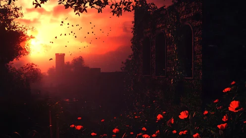 Crimson poppies outshine a crumbling castle at burning dusk