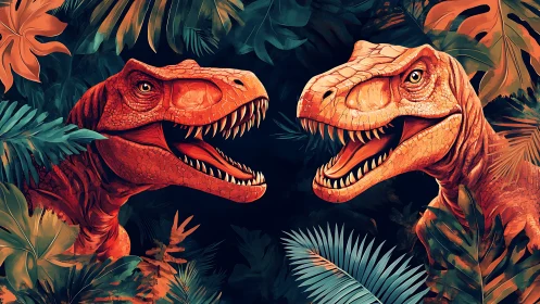 Two red dinosaurs facing off in dense tropical foliage.