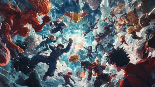 Dynamic anime heroes converge amid swirling sky battle.