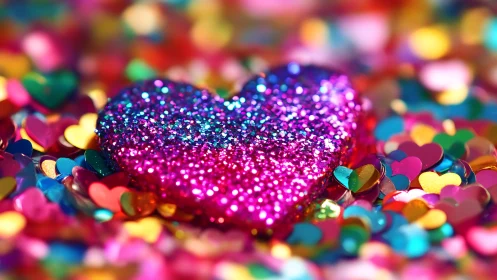 Glittering magenta heart resting in multicolor confetti field.