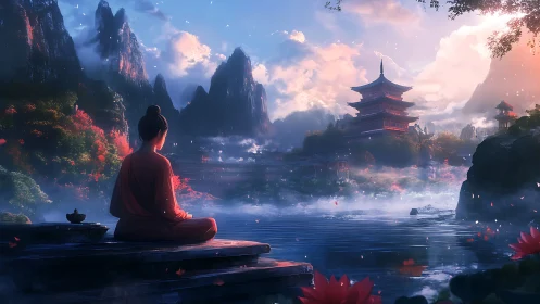 Meditative figure by misty lake and distant pagoda at dawn.