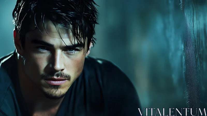 Brooding man gazes through neon haze in cinematic close-up