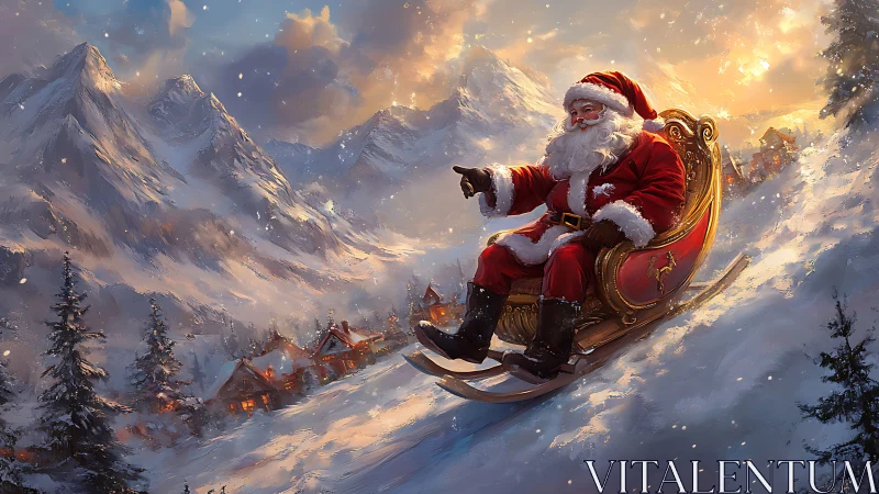 Santa in red sleigh gliding down snowy mountain village