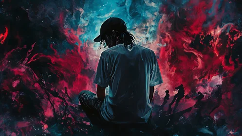 Solitary dreamer adrift between electric crimson and cyan storms.