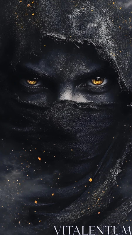 Shrouded warrior stares through black veil with burning eyes