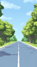 Sunny tree lined road stretches calmly into the distance