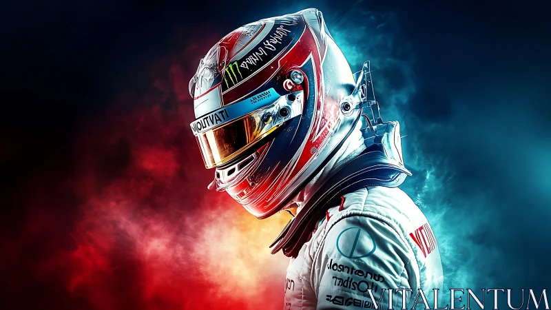 Racing driver stands in neon smoke, ready for high speed battle
