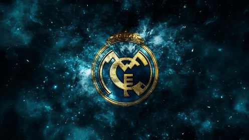 Golden circular emblem over deep teal cosmic smoke field.