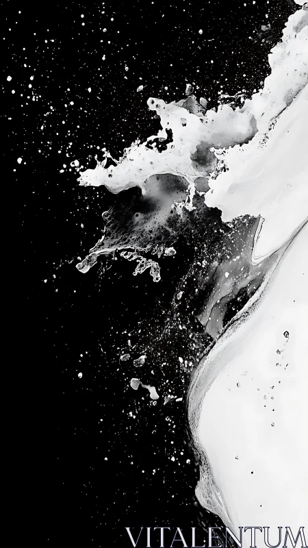White liquid splash carves abstract arc on black field.