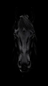 Midnight black horse gazes calmly from deep shadow