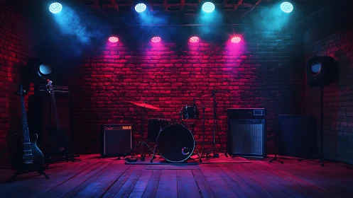 Empty brick stage hums quietly, waiting for loud guitars