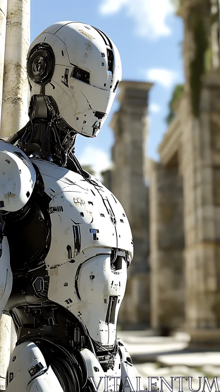 Solitary combat android stands vigil in ancient stone ruins