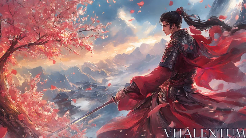 Crimson swordsman under cherry winds above mist kingdoms.