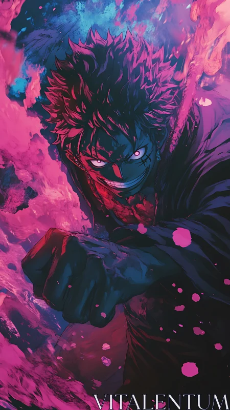 Intense anime fighter lunges forward in neon flames.